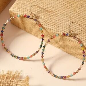 Womens Multicolor Beaded Hoop Earrings Gold Tone Boho Festival French Hook 2.17"